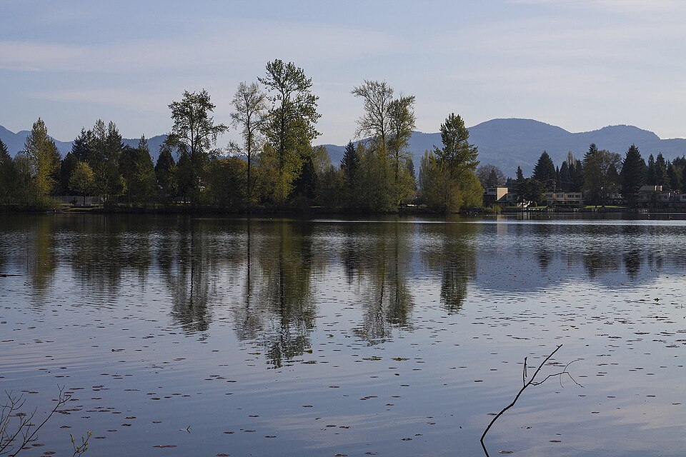 Mill Lake, tree-lined shore and mountains in Abbotsford.