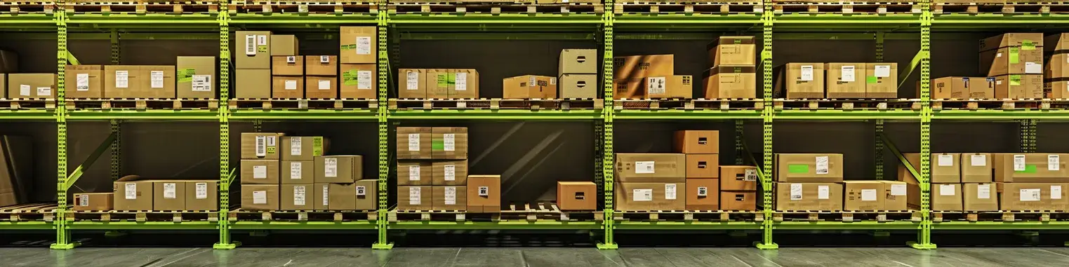 A shelf filled with lots of boxes in a warehouse