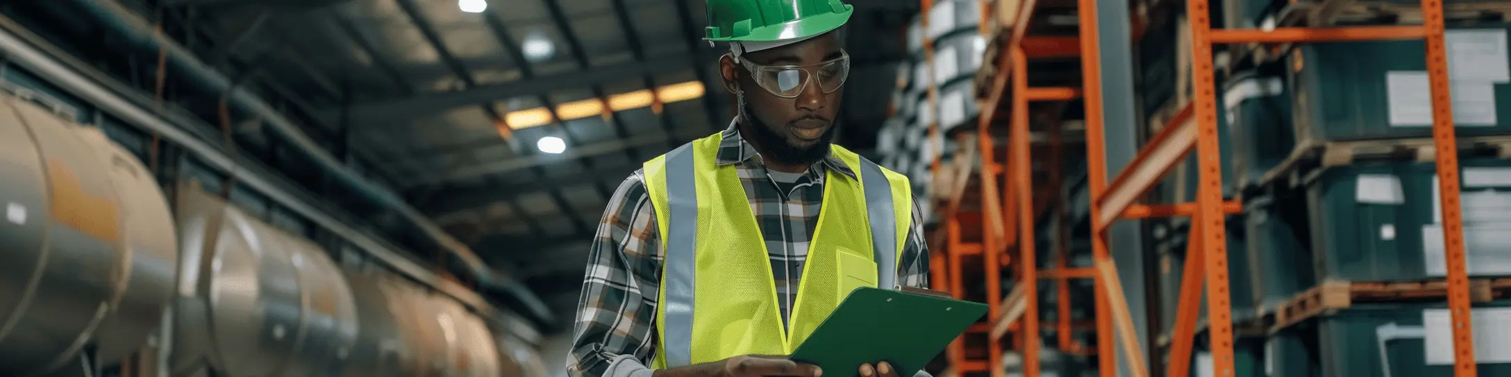 A man wearing a safety vest and a green hard hat