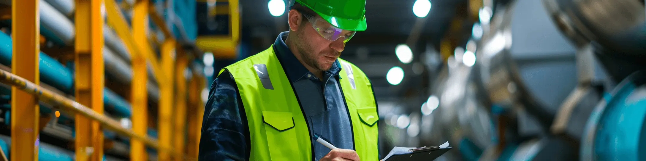 A man in a hard hat and safety vest looking at a piece of paper