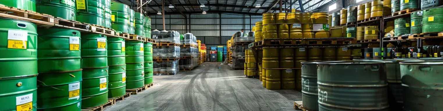 A warehouse filled with lots of green and yellow barrels