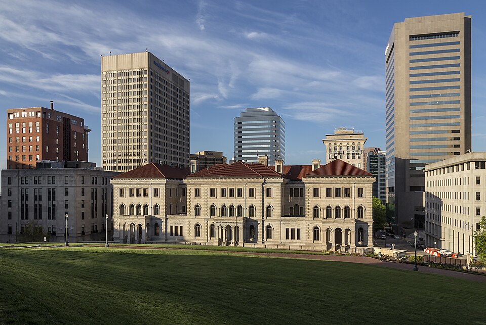 Lewis F. Powell Courthouse and skyline from the Virginia Capitol grounds in Richmond.