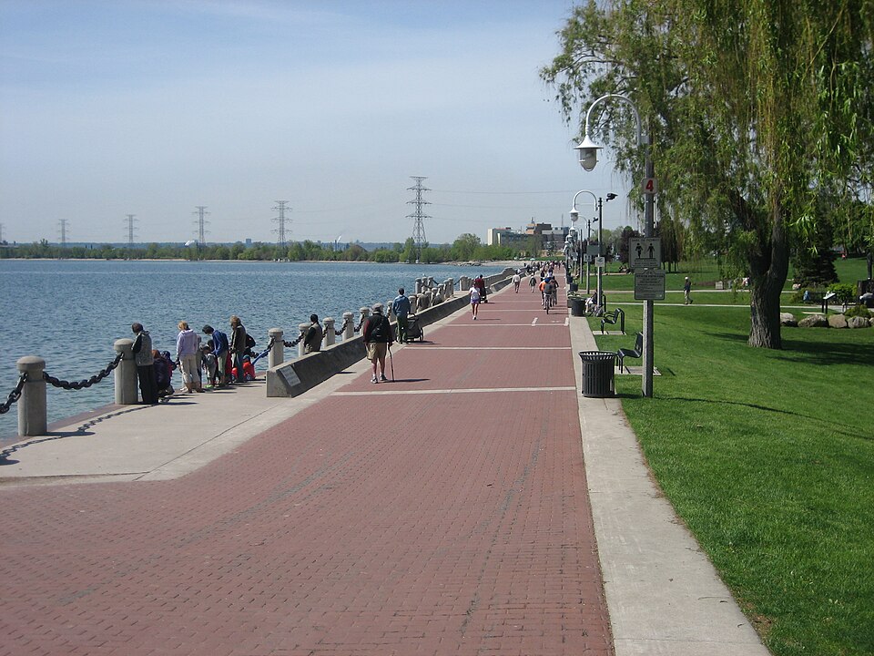 Waterfront promenade and trees at Spencer Smith Park in Burlington.