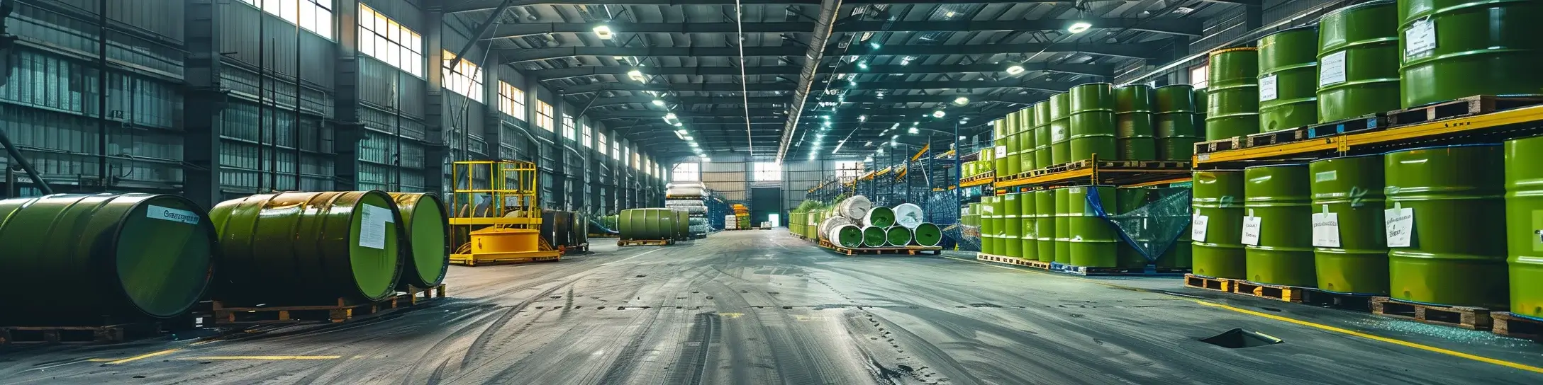 A large warehouse filled with lots of green barrels