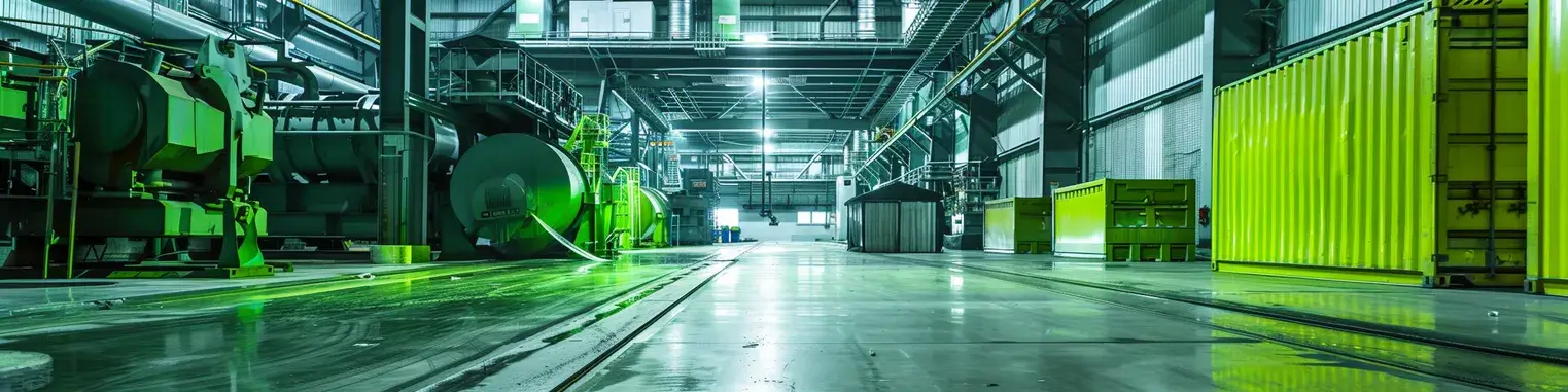 A large industrial building with yellow doors and green machinery