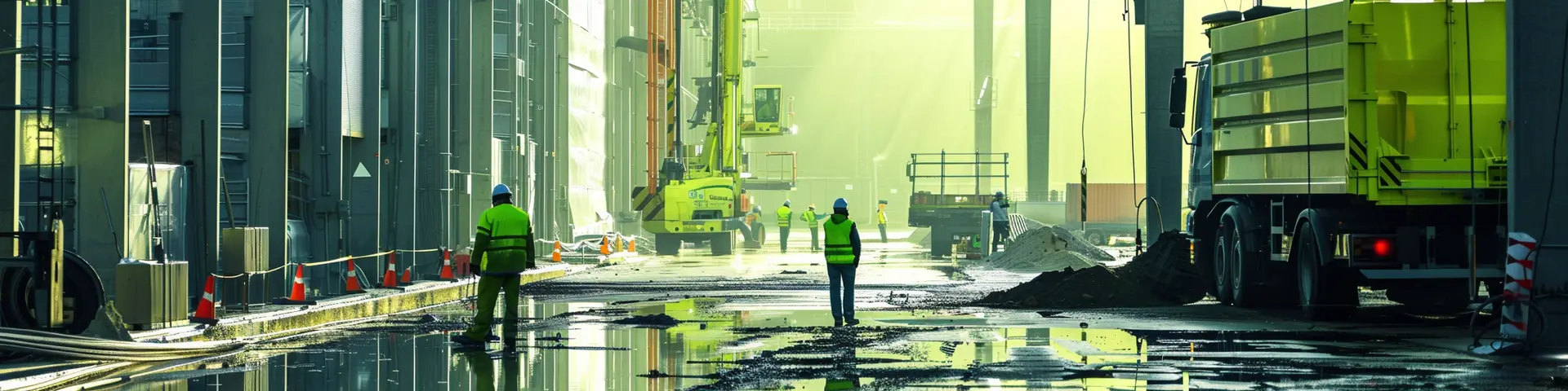 A painting of a construction site with workers