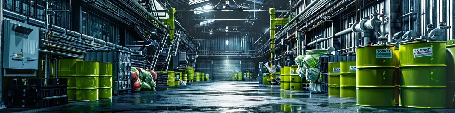 A large warehouse filled with lots of green barrels