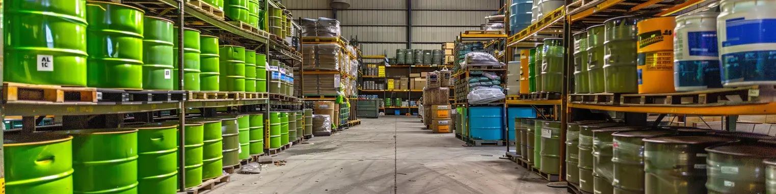 A warehouse filled with lots of green and yellow barrels