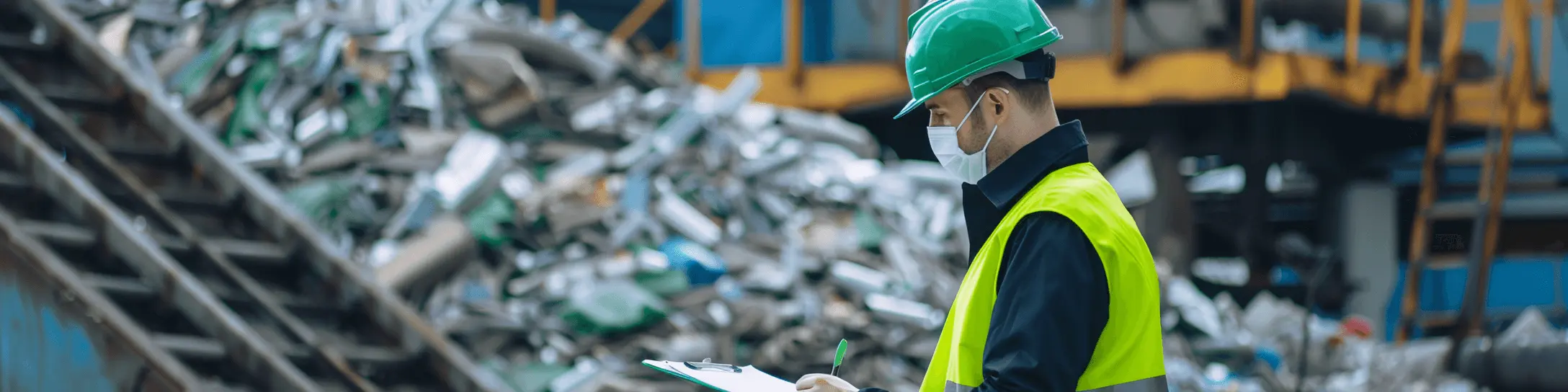 A man wearing a safety vest and a face mask standing in front of a pile
