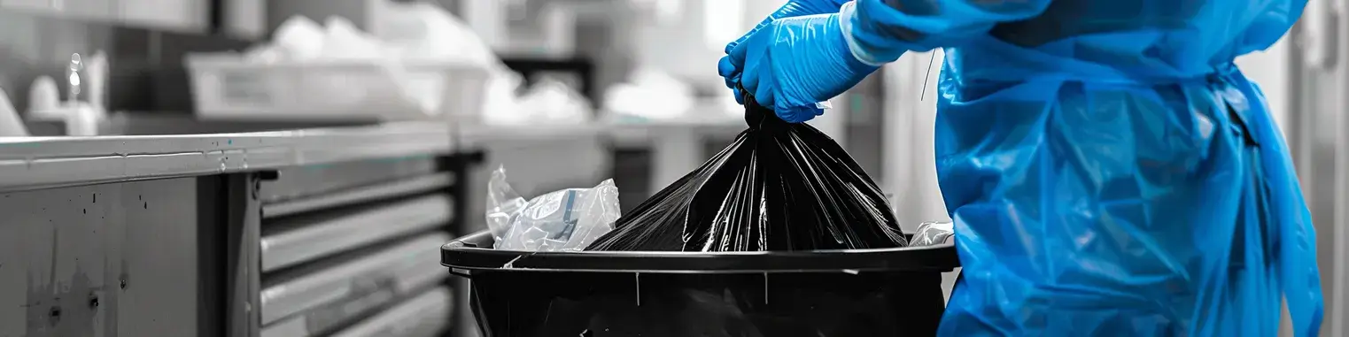 Healthcare worker handling a clinical disposal bag in a treatment room.