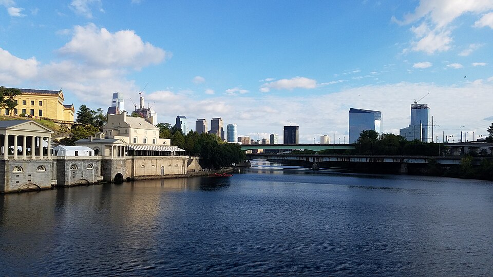Fairmount Water Works, Schuylkill River and Philadelphia skyline.