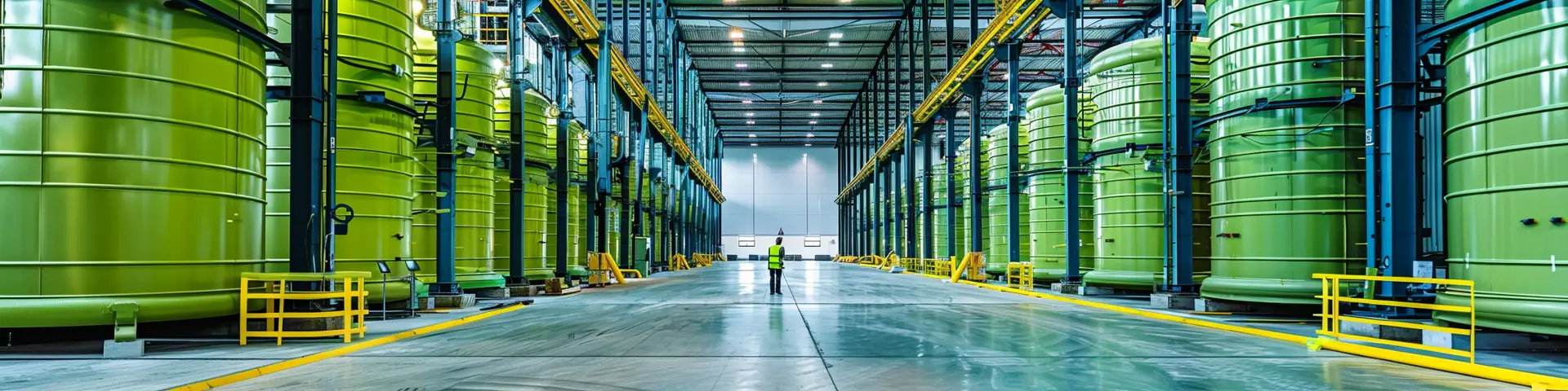 A man walking down a long hallway between two large green tanks