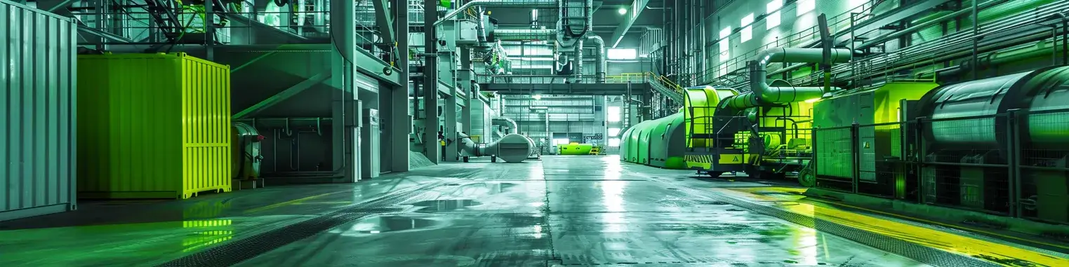 A large industrial building with green and yellow pipes