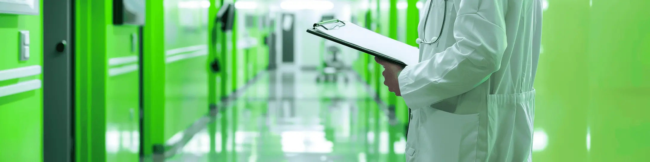 A man in a white lab coat holding a clipboard