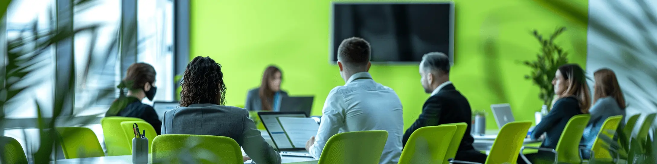 A group of people sitting at a table with laptops