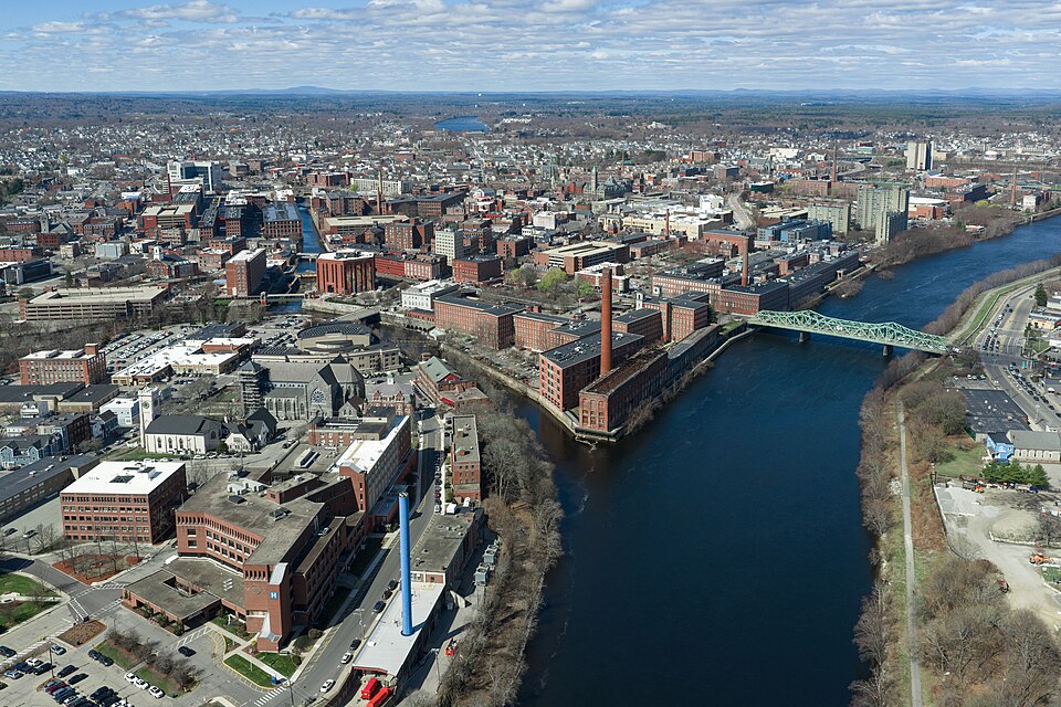 Aerial view of downtown Lowell and its mill buildings.