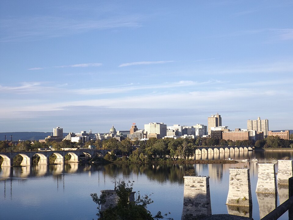 Harrisburg skyline and state capitol beside the Susquehanna River.