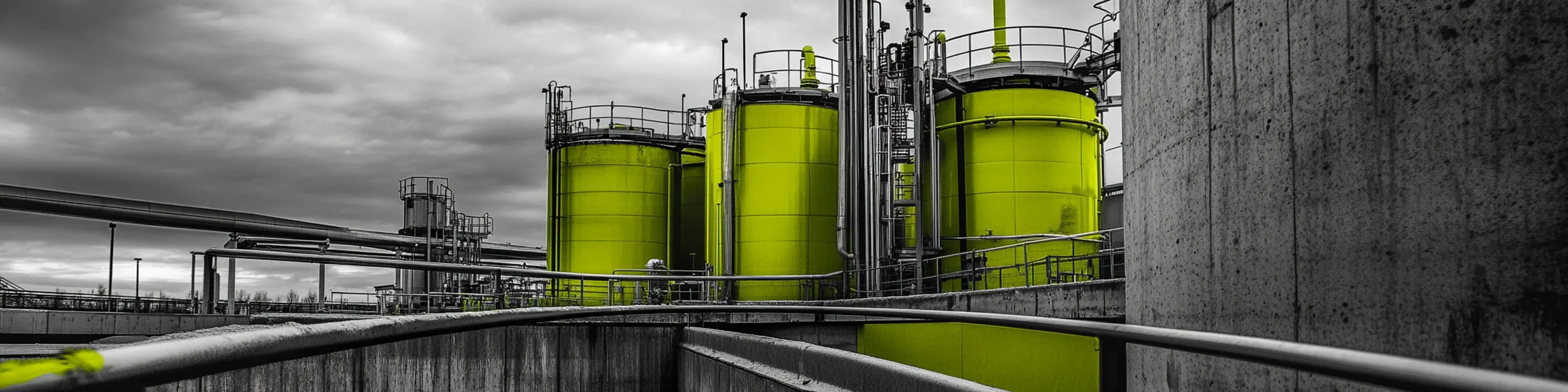 A black and white photo of a factory with yellow pipes