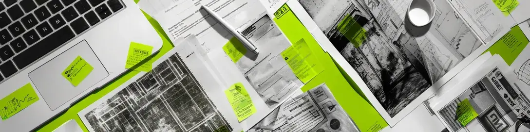 A bunch of papers with green stickers on them