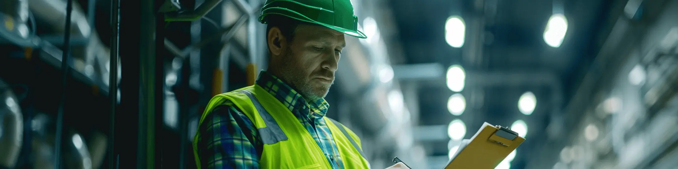 A man in a hard hat and safety vest holding a clipboard