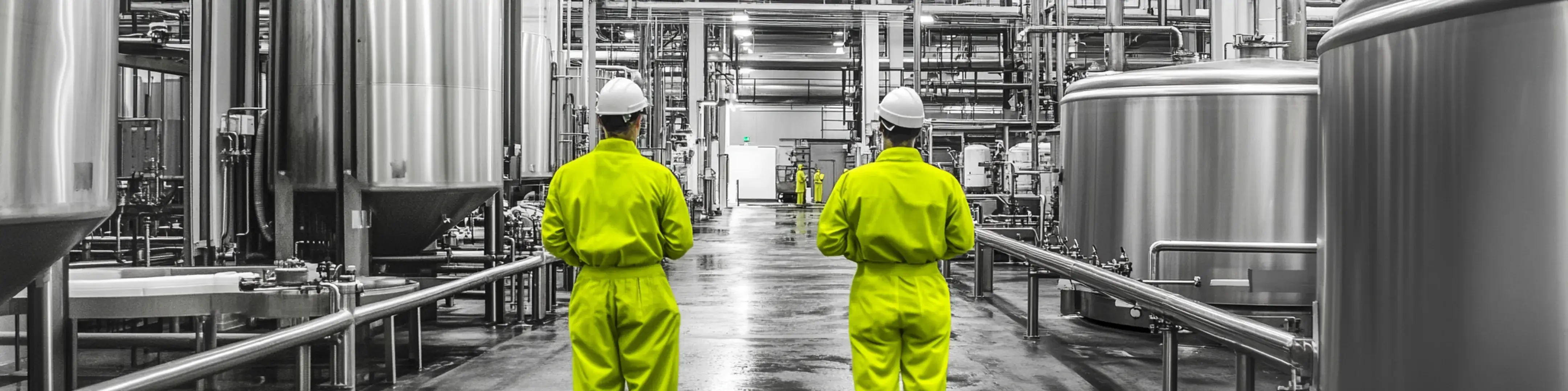 Two men in yellow suits standing in a factory