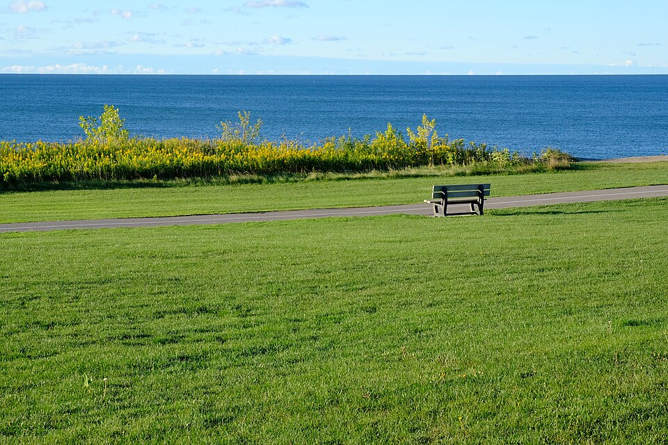 Ajax waterfront lawn and trail overlooking Lake Ontario.