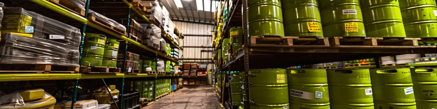 A warehouse filled with lots of green barrels