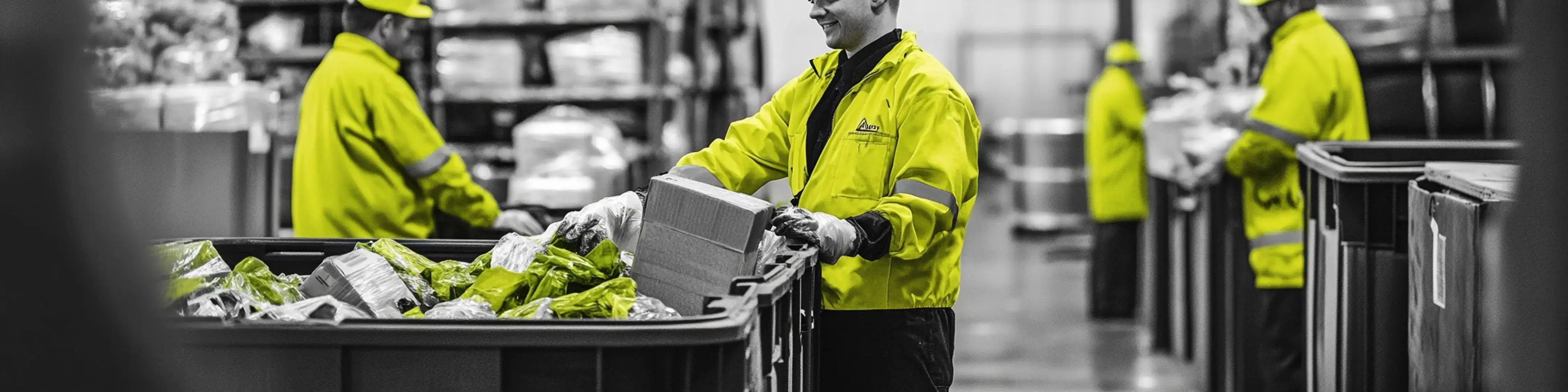 A man in a yellow jacket carrying a box of produce