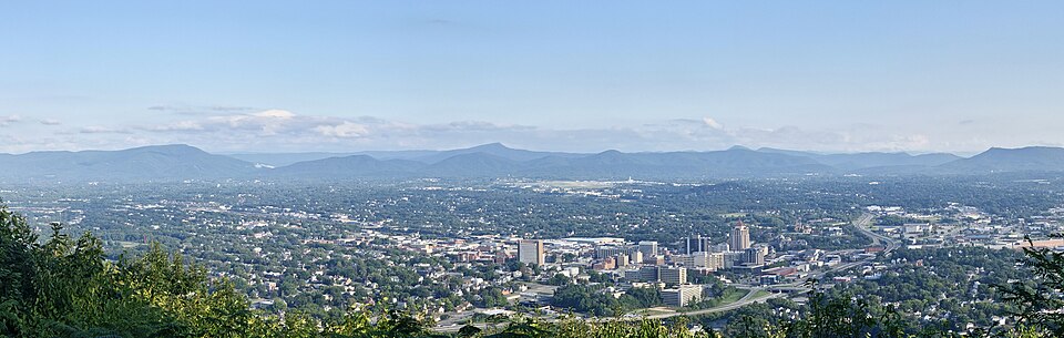 Downtown Roanoke and surrounding mountains from Mill Mountain overlook.