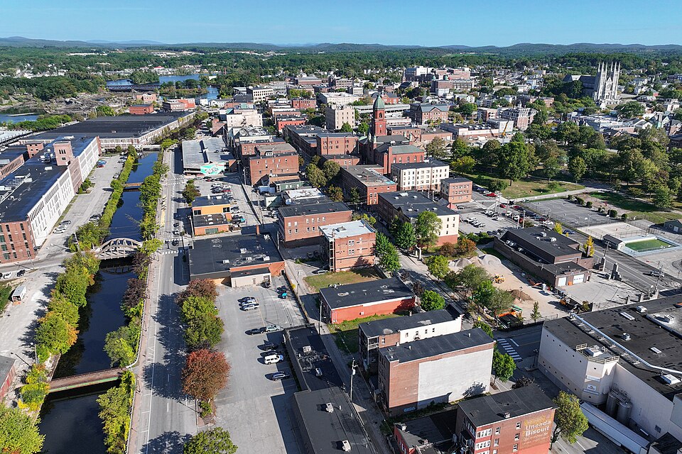 Androscoggin canal and brick mill buildings in Lewiston.
