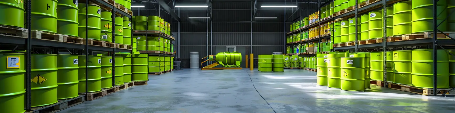 A large warehouse filled with lots of green barrels