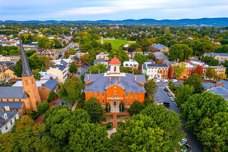 Aerial view of City Hall in Frederick.