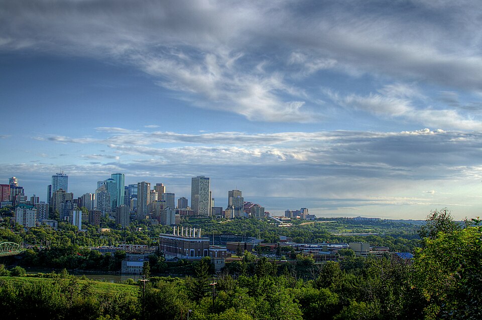 Edmonton skyline above the North Saskatchewan River valley.