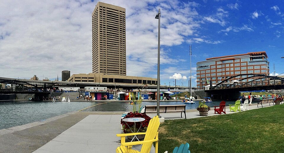 Canalside waterfront, bridges and skyline in Buffalo.